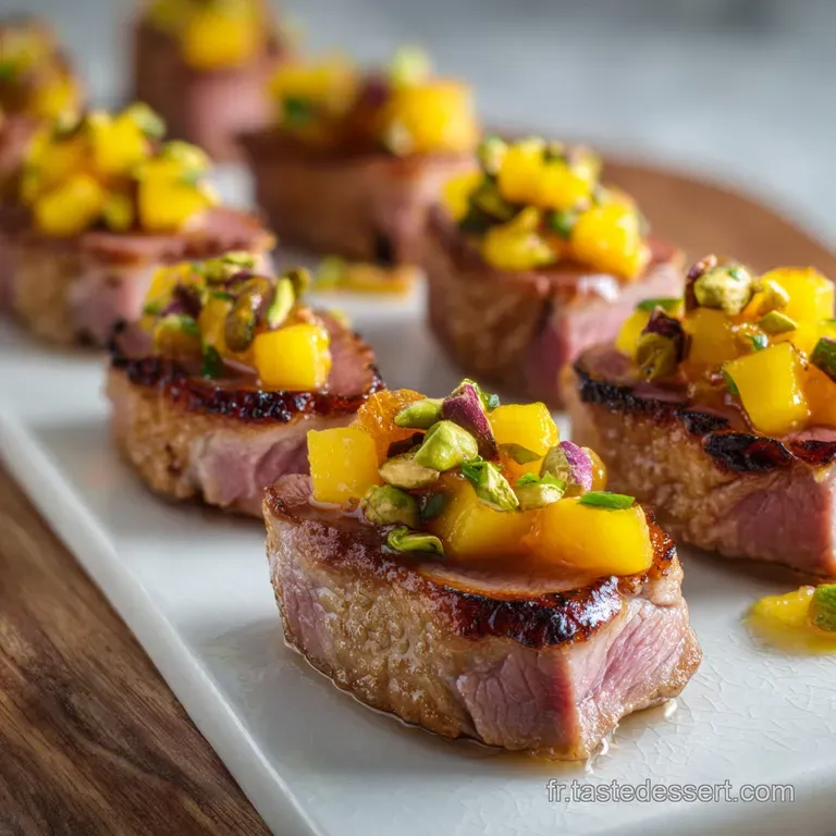 Elegant canap&eacute;s: Spice-infused toast points piled high with shredded duck, speckled with green herbs, and vibrant red berr...