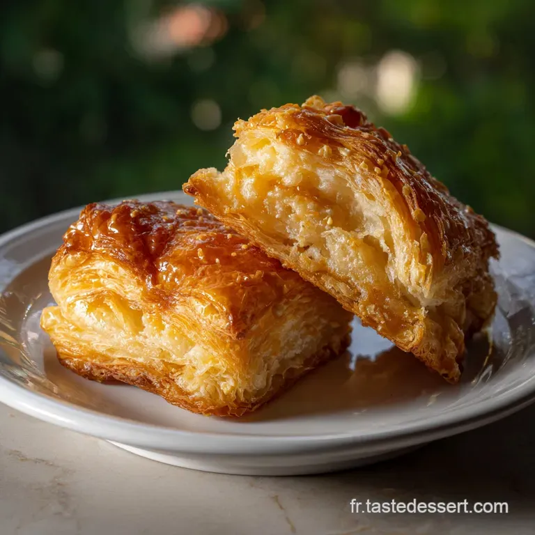 Elegant, precisely cut pastry on a pristine white plate. The warm, inviting golden-brown layers create a visual symphony o...