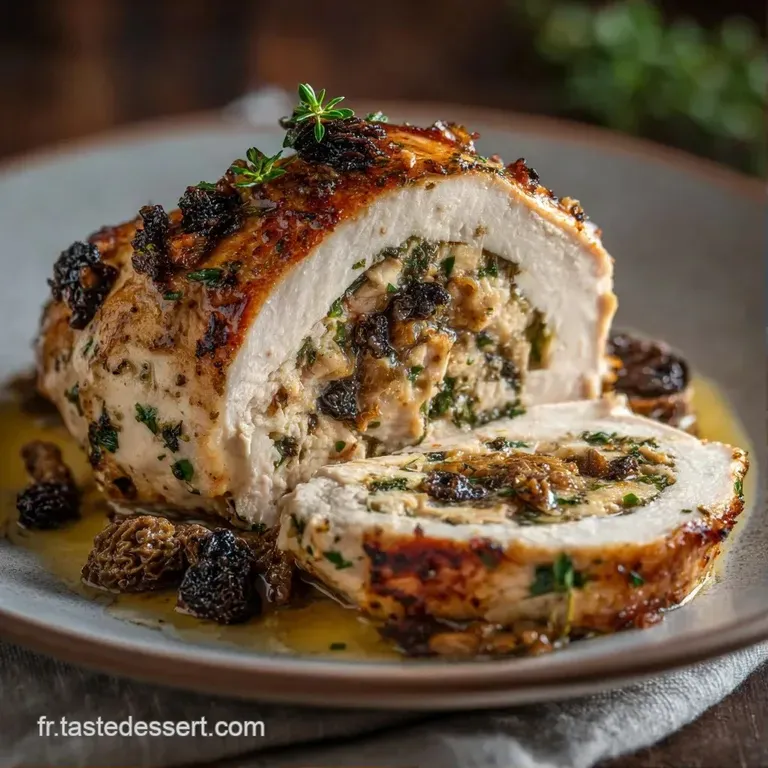 Tranches de poulet juteuses et dor&eacute;es, napp&eacute;es d'une sauce brillante avec des morilles brunes sur une assiette blanche.