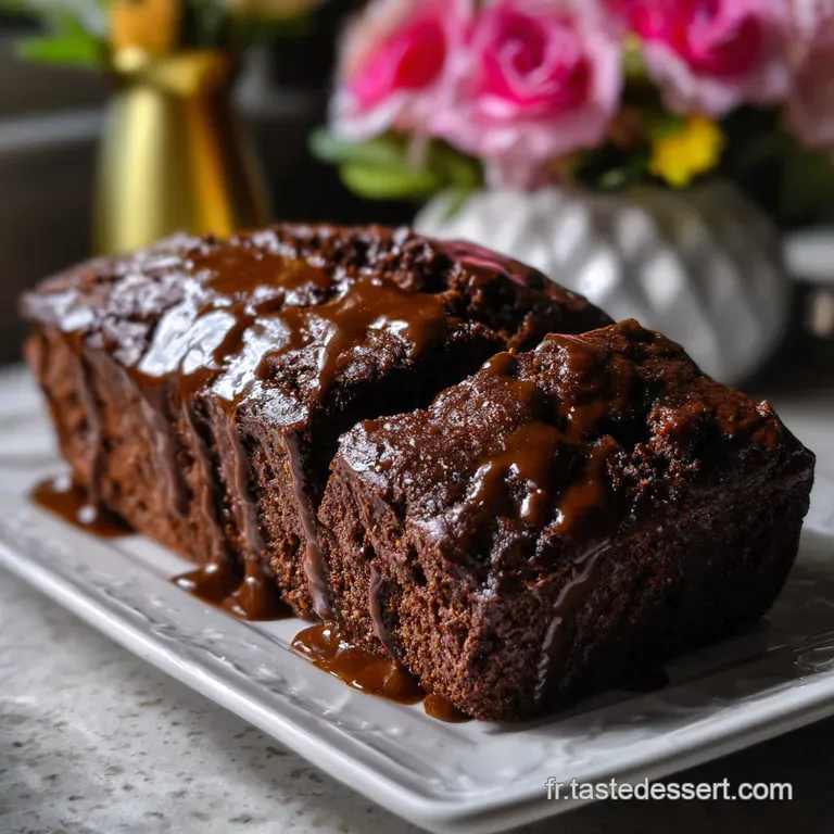 Elegant slice of banana bread, garnished with a swirl of vegan chocolate ganache and fresh, ripe banana slices, on a white...
