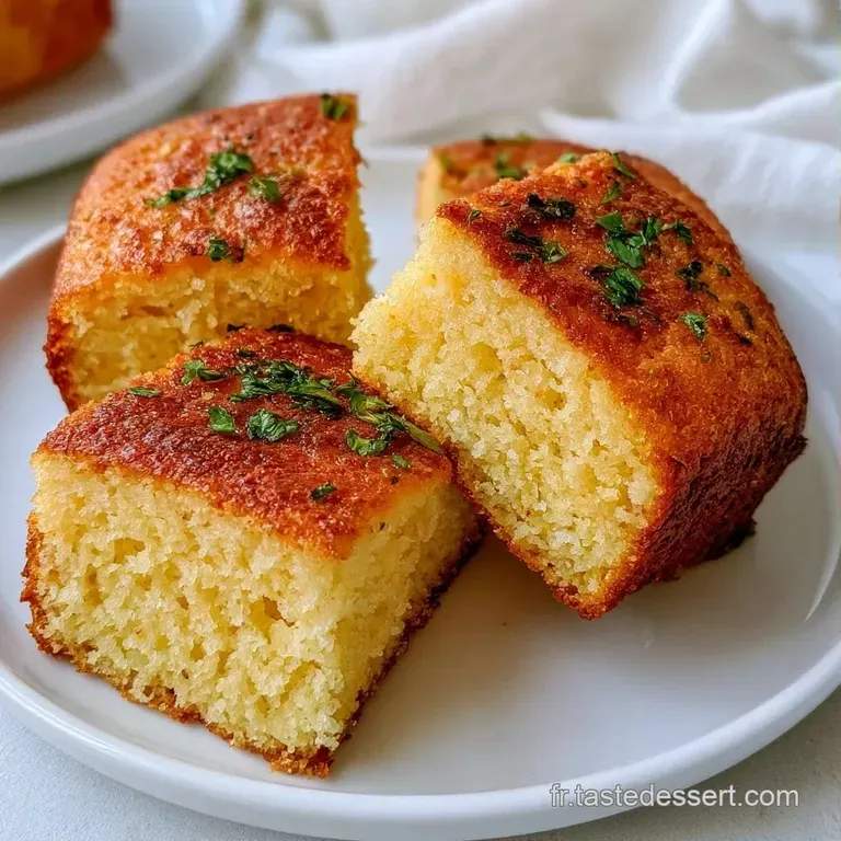Tranche de cake moelleux &agrave; la cro&ucirc;te dor&eacute;e, pos&eacute;e sur une assiette blanche avec un brin de persil frais et vif.