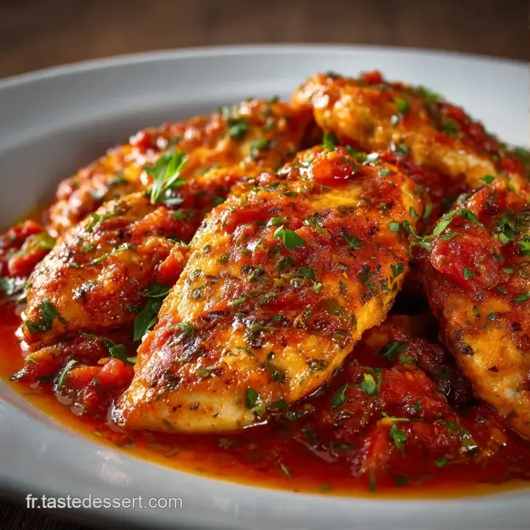 Tranches de poulet juteuses reposant sur un lit de cr&egrave;me tomate velout&eacute;e dans une assiette blanche &eacute;pur&eacute;e.