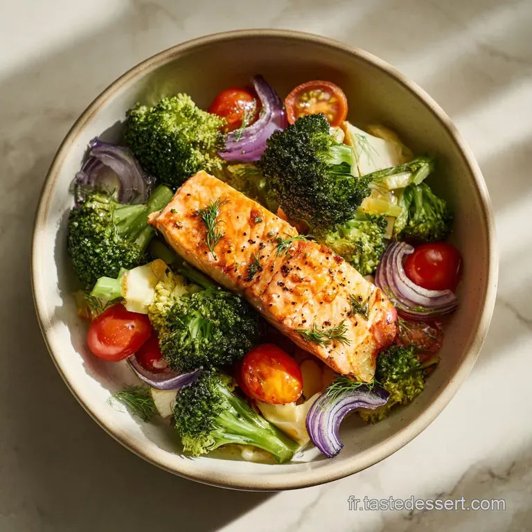Perfectly seared salmon atop tender broccoli, plated elegantly. A light sauce glistens, hinting at a savory, comforting meal.