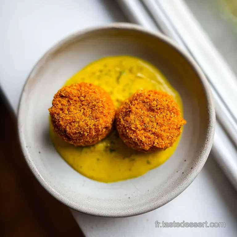 Trois boulettes croustillantes pos&eacute;es sur un lit de cr&egrave;me onctueuse blanche, d&eacute;cor&eacute;es d'une feuille de coriandre verte.