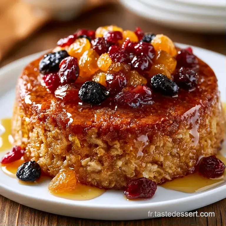Bol en c&eacute;ramique contenant un g&acirc;teau chaud et a&eacute;r&eacute;, d&eacute;cor&eacute; de fruits secs croquants sur un fond de table en bois clair.