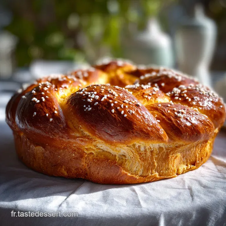 Slice of golden brioche with candied fruit, resting on white plate. Powdered sugar dusting. Warm, inviting breakfast with ...