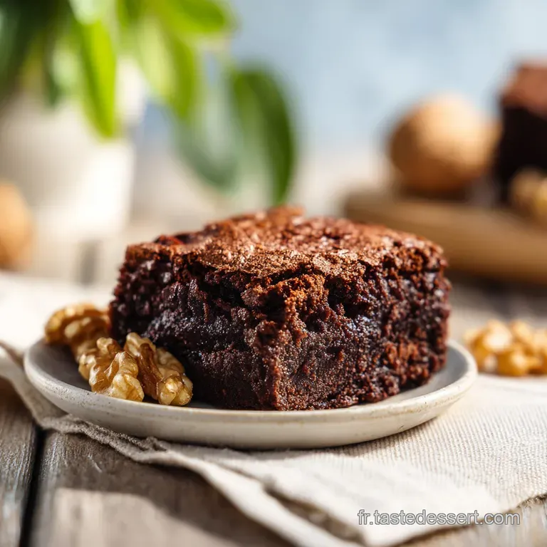 A single, decadent brownie plated with a dusting of cocoa and a scattering of walnuts, highlighting its moist, melt-in-you...