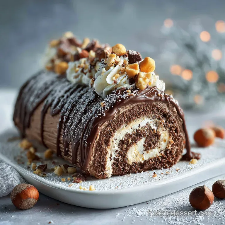 A slice of rich chocolate cake on a white plate, glistening mirror glaze, festive holiday garnish.