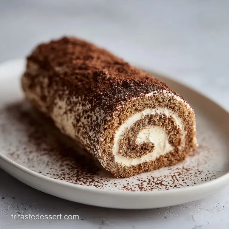 A slice of tiramisu log revealing delicate layers of cream and sponge, garnished with chocolate shavings.
