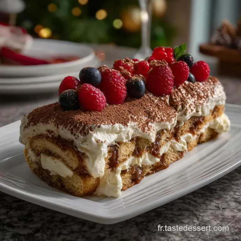 Slice of Buche Tiramisu on a white plate. Layers of creamy mascarpone, soaked ladyfingers, and a dusting of dark cocoa pow...