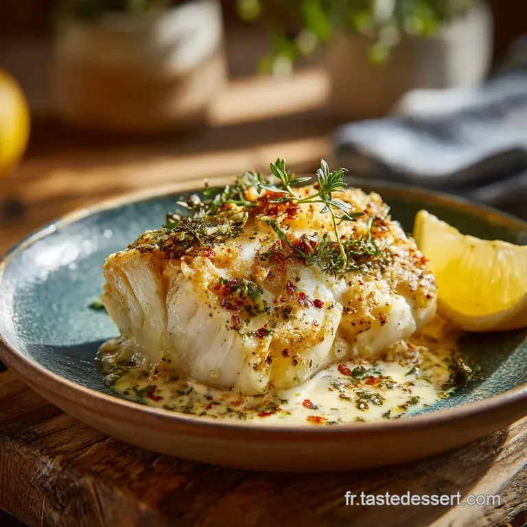 Elegant plate featuring tender white fish glistening with lemon-cream sauce, garnished with vibrant herbs and a lemon wedge.