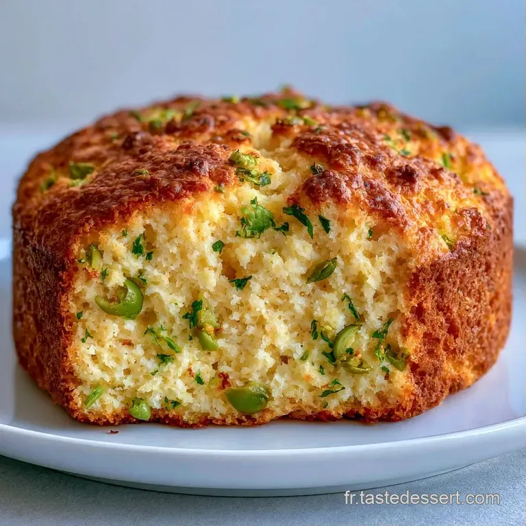Tranche de cake &agrave; la mie a&eacute;r&eacute;e et humide, pos&eacute;e sur une assiette blanche avec quelques herbes fra&icirc;ches et vertes.