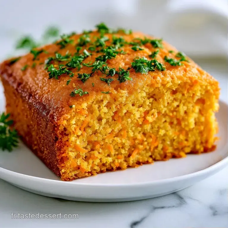 Tranche de cake orang&eacute; sur assiette blanche, texture a&eacute;r&eacute;e et humide accompagn&eacute;e d'une petite salade croquante.