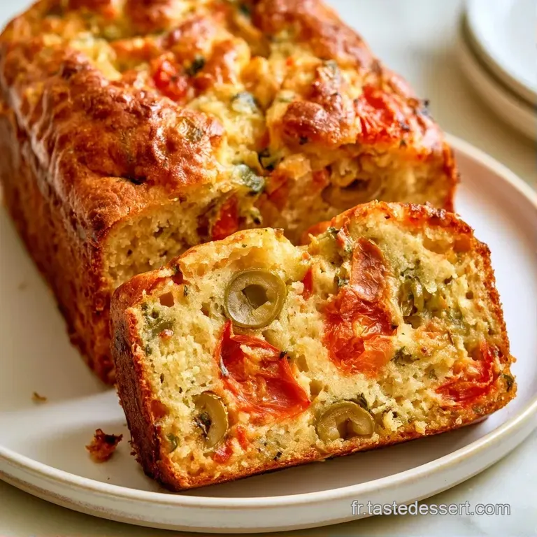 Tranche &eacute;paisse de cake dor&eacute; sur une assiette blanche, r&eacute;v&eacute;lant une mie a&eacute;r&eacute;e avec des &eacute;clats rouges et verts.