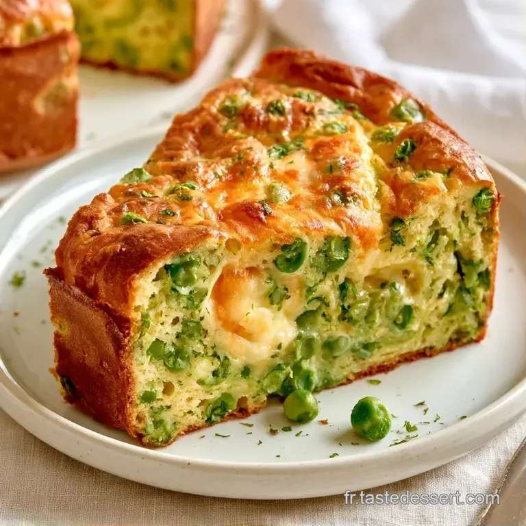 Tranche de cake vert tendre pos&eacute;e sur une assiette blanche, r&eacute;v&eacute;lant un c&oelig;ur moelleux et des billes de fromage fondu.