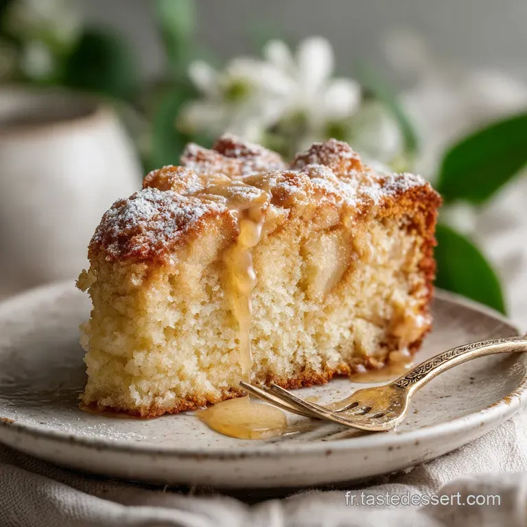 A slice of warm apple cake with glistening caramelized edges, artfully arranged with a scoop of vanilla ice cream.