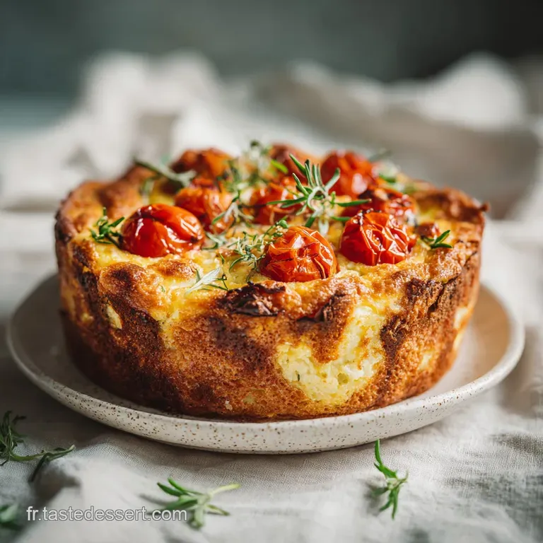 A slice of savory cake artfully arranged with fresh greens and a drizzle of sauce.