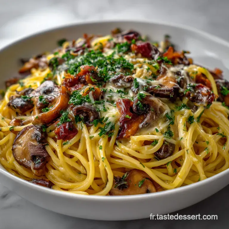 Creamy, ivory pasta twirled on a plate, studded with earthy mushrooms and a dusting of green herbs. Warm, inviting.