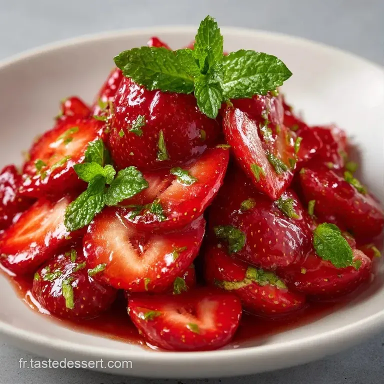 Assiette blanche &eacute;pur&eacute;e avec des lamelles de fruits rouges align&eacute;es, touches de cr&egrave;me onctueuse et feuilles de menthe.