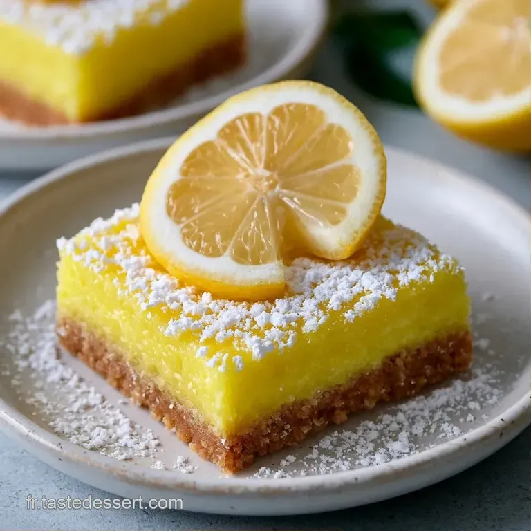 Un carr&eacute; jaune cr&eacute;meux sur assiette blanche, agr&eacute;ment&eacute; d'une fine tranche de citron frais et d'une feuille verte.