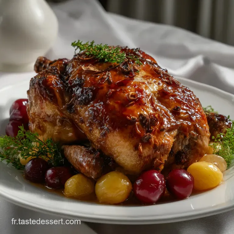 Elegant plate showcasing a portion of the tender, velvet-like fowl with roasted root vegetables, garnished with fresh herb...
