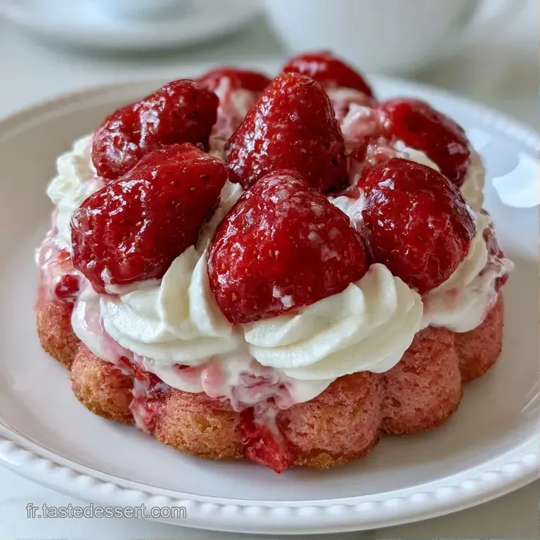Une part de g&acirc;teau cr&eacute;meux sur une assiette blanche, d&eacute;cor&eacute;e de tranches de fraises fra&icirc;ches et d'une feuille de menthe.