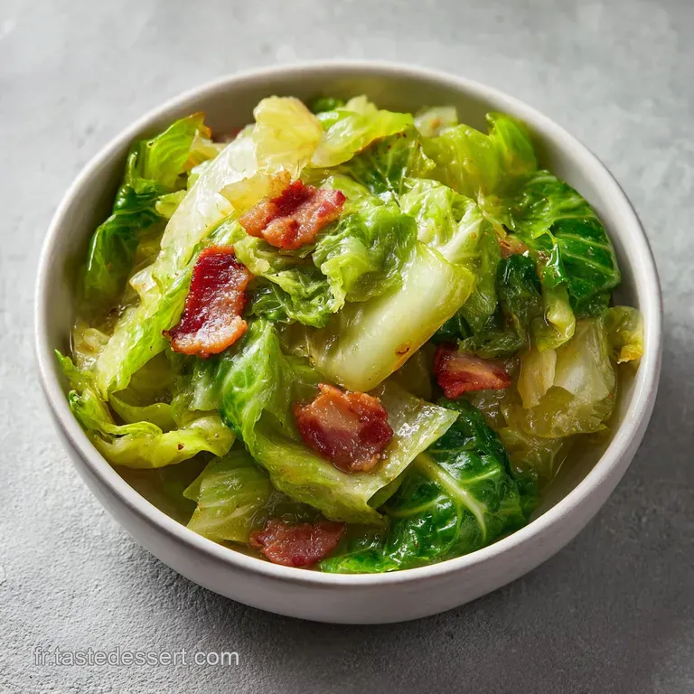 A rustic serving bowl piled high with soft braised cabbage, studded with savory, golden-brown bacon pieces.