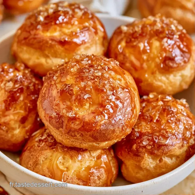 Trois choux dor&eacute;s dispos&eacute;s avec soin sur une assiette blanche, agr&eacute;ment&eacute;s d'un coulis de noisette brun et brillant.