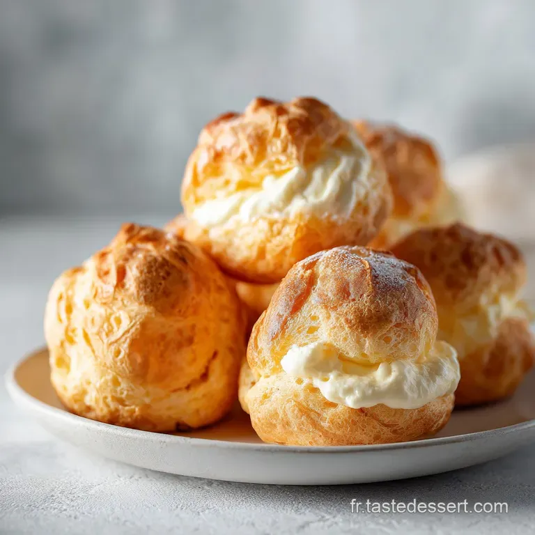 Elegant cream puff tower on a porcelain stand, filled with pale yellow cream, dusted with powdered sugar, set against a bl...