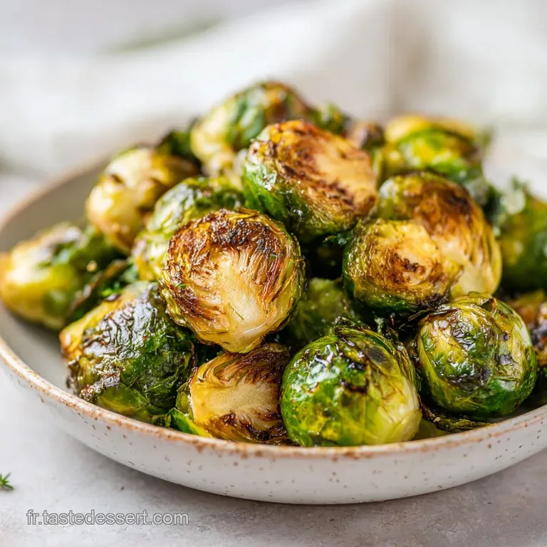 Tender, roasted Brussels sprouts artfully arranged on a white plate, topped with toasted nuts.