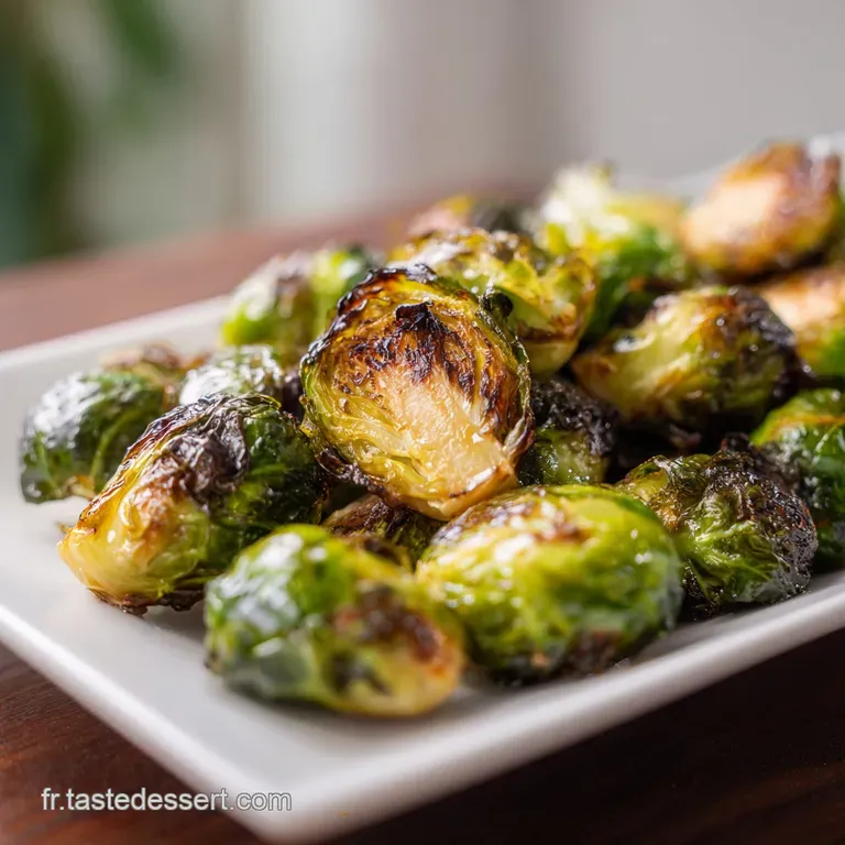 Plated roasted Brussels sprouts, vibrant green and brown, drizzled with balsamic, sprinkled with toasted nuts, and fresh h...