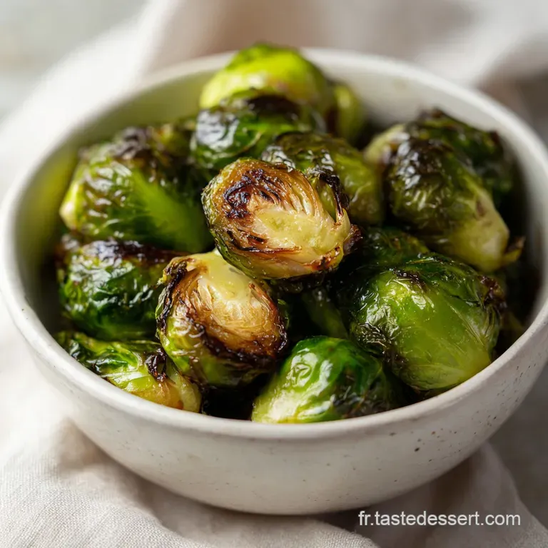 A neat pile of tender, bright green Brussels sprouts glistening with a light glaze, artfully arranged.