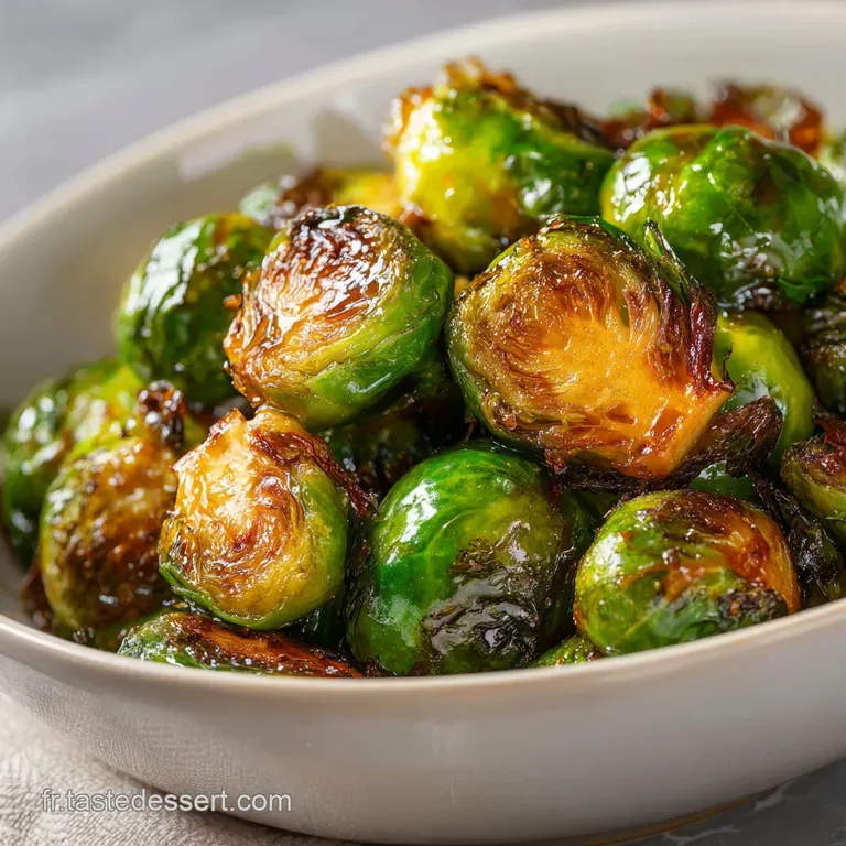 Caramelized Brussels sprouts piled high on a white plate, drizzled with balsamic, creating a visually appealing mix of tex...