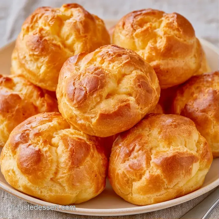 Trois boules de p&acirc;te dor&eacute;e &agrave; la texture craquel&eacute;e pos&eacute;es sur une assiette blanche &eacute;pur&eacute;e avec un voile de sucre glace.