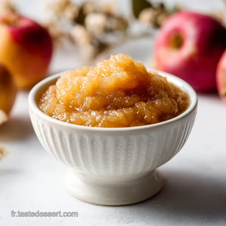 Elegant swirl of creamy apple compote in a glass bowl, garnished with a sprig of mint and a crispy baked tuile.