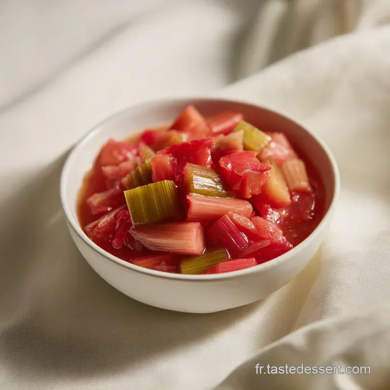 Elegant glass bowl filled with ruby rhubarb compote, garnished with a sprig of fresh mint. The compote shimmers softly.