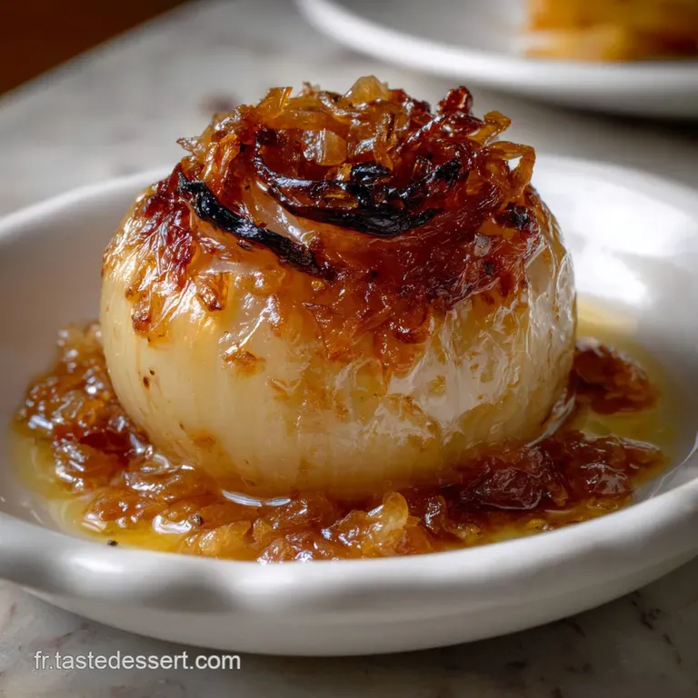 Caramelized onions, artfully arranged on a white plate, are garnished with fresh herbs and a drizzle of olive oil, showcas...