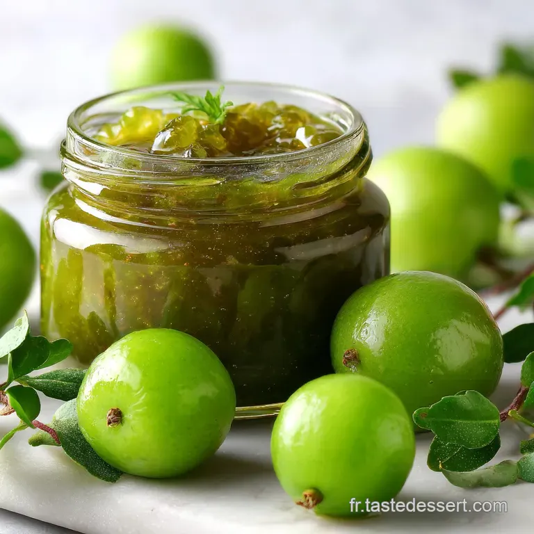 Glistening Reine Claude plum jam in a small glass bowl beside crusty bread. Knife spread with a thick layer, inviting and ...