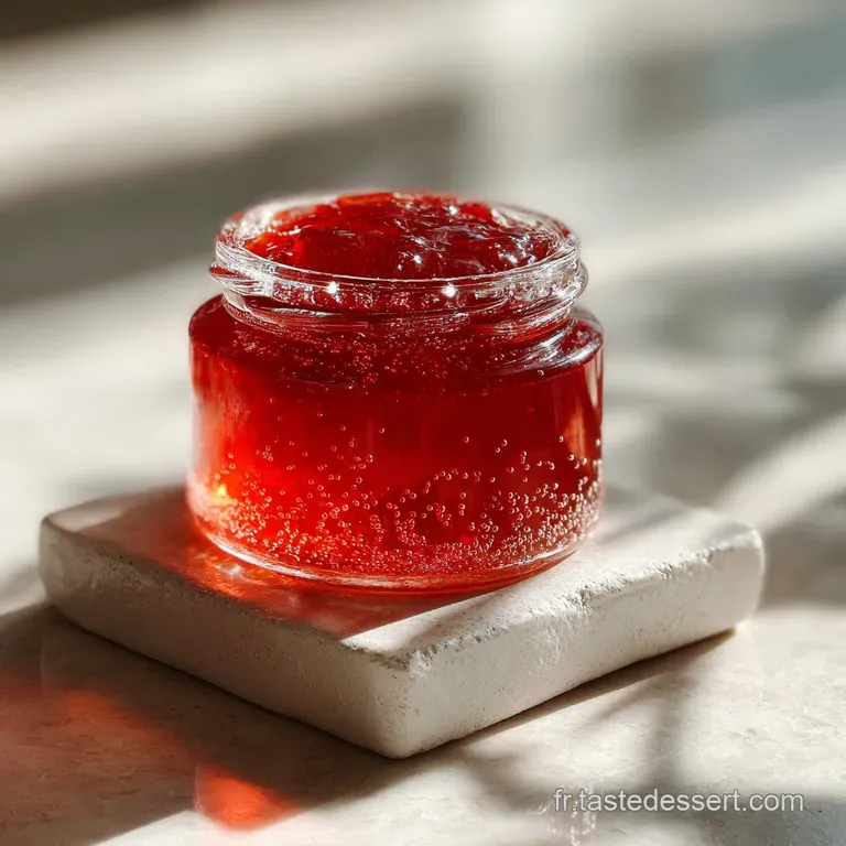 A spoonful of vibrant red, glossy jam cascading onto a slice of rustic bread, hinting at a fresh and fruity flavor, speckl...