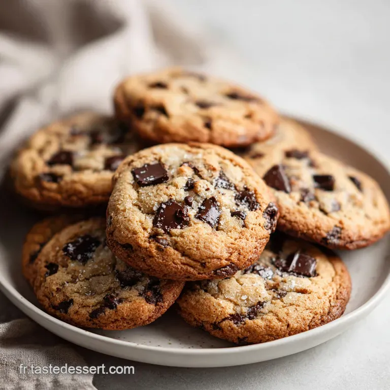 Stack of three warm chocolate chip cookies with gooey, melted chocolate against a blurred, cozy background.