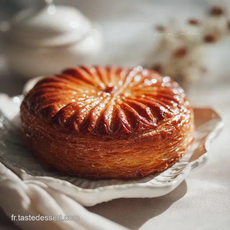 Slice of flaky, buttery galette on a white plate, dusted sugar, a sprinkle of coarse sugar, warm and inviting.