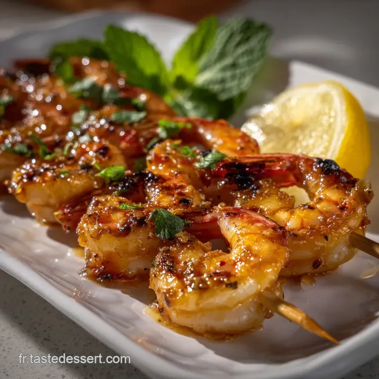 Elegant plate featuring succulent shrimp, showcasing a beautiful caramelized shell. Garnished with fresh herbs and a drizz...