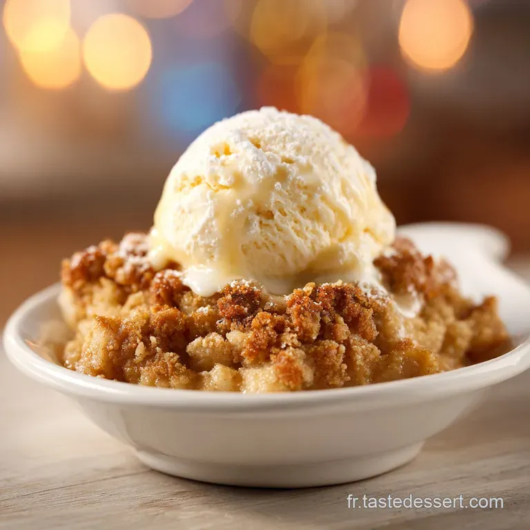 A scoop of apple crumble, golden-brown and comforting, served with a dollop of cool cream.
