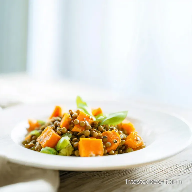 Assiette blanche pr&eacute;sentant un rago&ucirc;t de lentilles vertes velout&eacute;, accompagn&eacute; de riz blanc et d'une touche de cr&egrave;me.