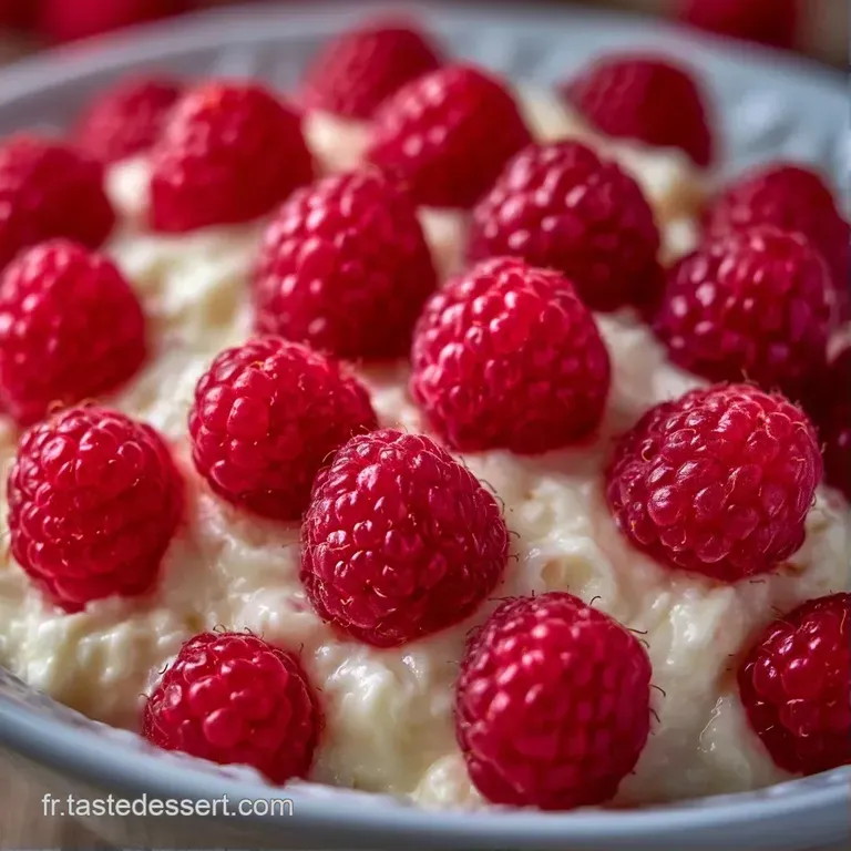 Assiette blanche &eacute;pur&eacute;e pr&eacute;sentant une mousse onctueuse, des &eacute;clats de pistaches vertes et un coulis rouge vif.