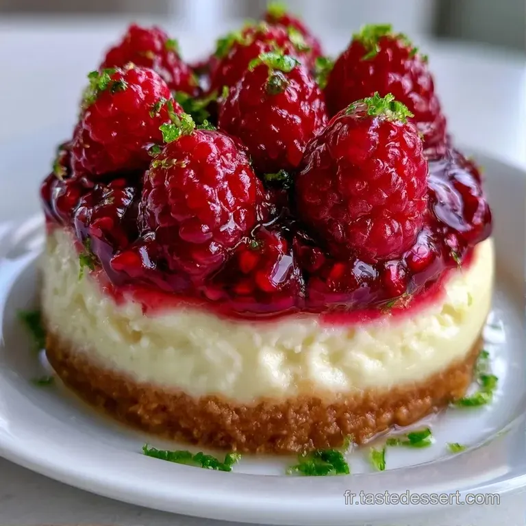 Tranche de mousse onctueuse sur une assiette blanche, d&eacute;cor&eacute;e de coulis de fruits rouges &eacute;clatant et de zestes de citron.