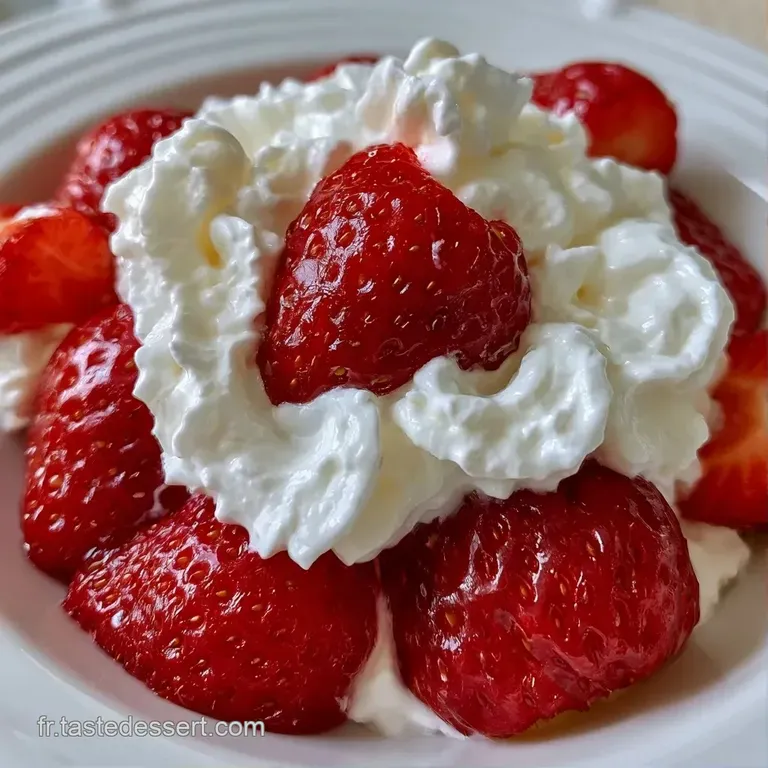 Fraises fra&icirc;ches et brillantes dispos&eacute;es en cercle avec des tourbillons de cr&egrave;me l&eacute;g&egrave;re et une feuille de menthe verte.