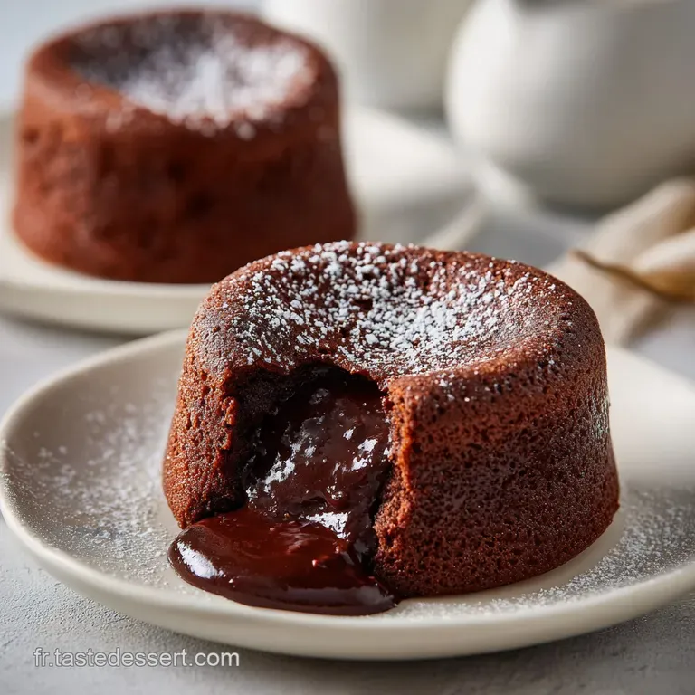 A chocolate lava cake on a white plate, oozing molten chocolate, garnished with berries and mint for an elegant dessert.