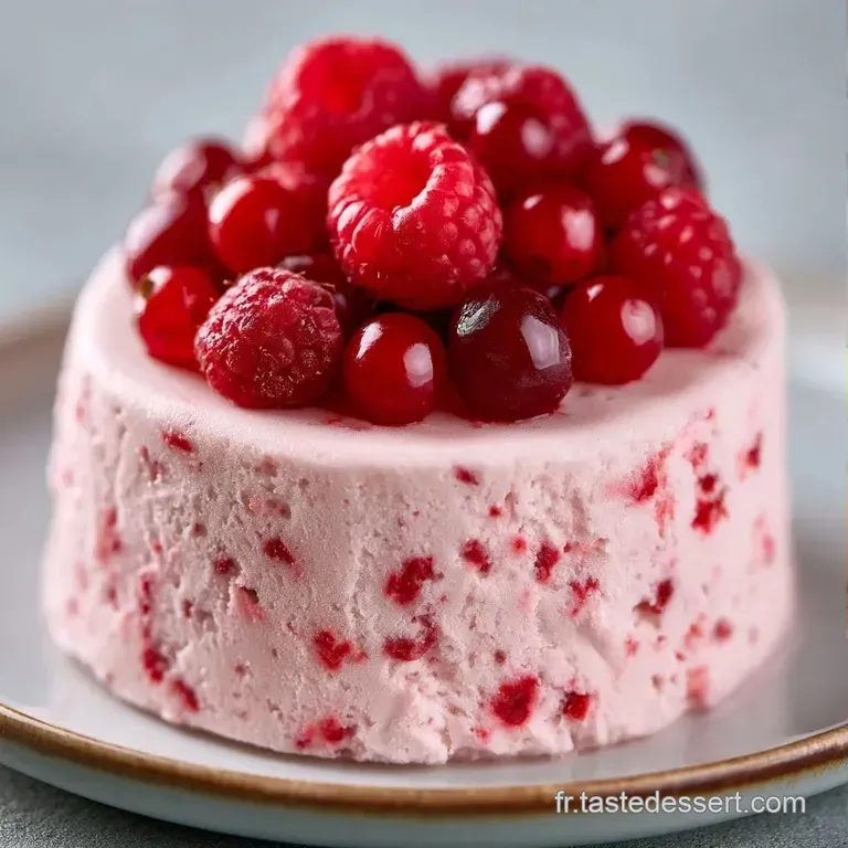 Assiette blanche o&ugrave; s'alignent des baies rouges juteuses et des &eacute;clats de glace fondante, d&eacute;cor&eacute;e d'une feuille de menthe.
