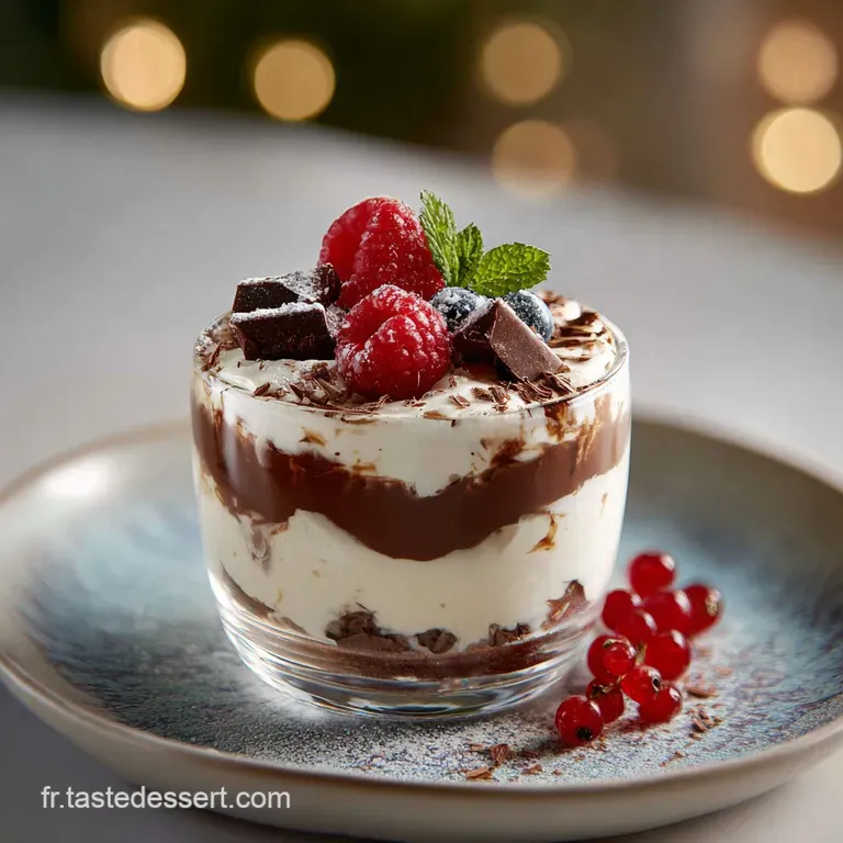 Elegant glass verrine showcasing smooth dark chocolate and crumbly biscuit layers.